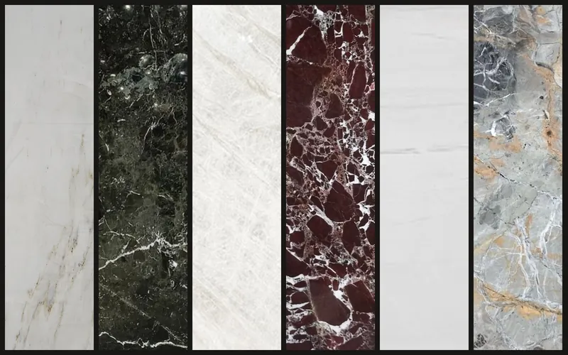 Six natural stone slabs from the Stonedge collection shown side by side