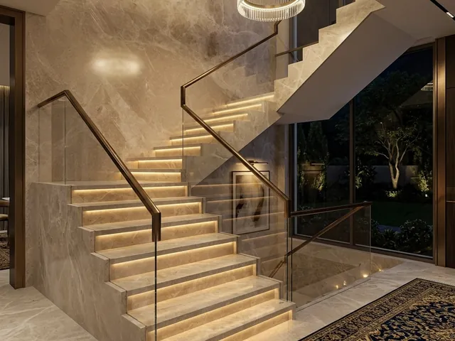 Marble staircase with illuminated treads