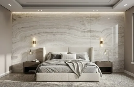 Bedroom with a white travertine feature wall